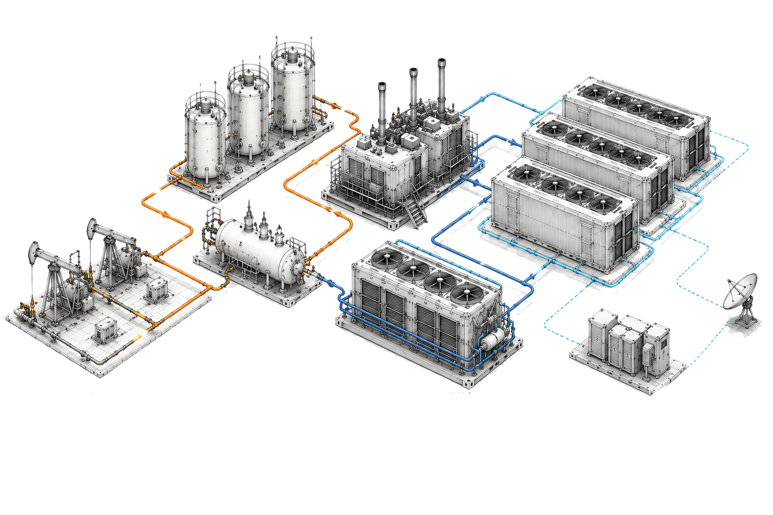 Canoe Energy platform: natural gas → separation → gas conditioning → power generation → power distribution → AI data center pods → secure connectivity. Amber lines show natural gas flow, blue lines show electrical power, dashed lines show data connectivity.