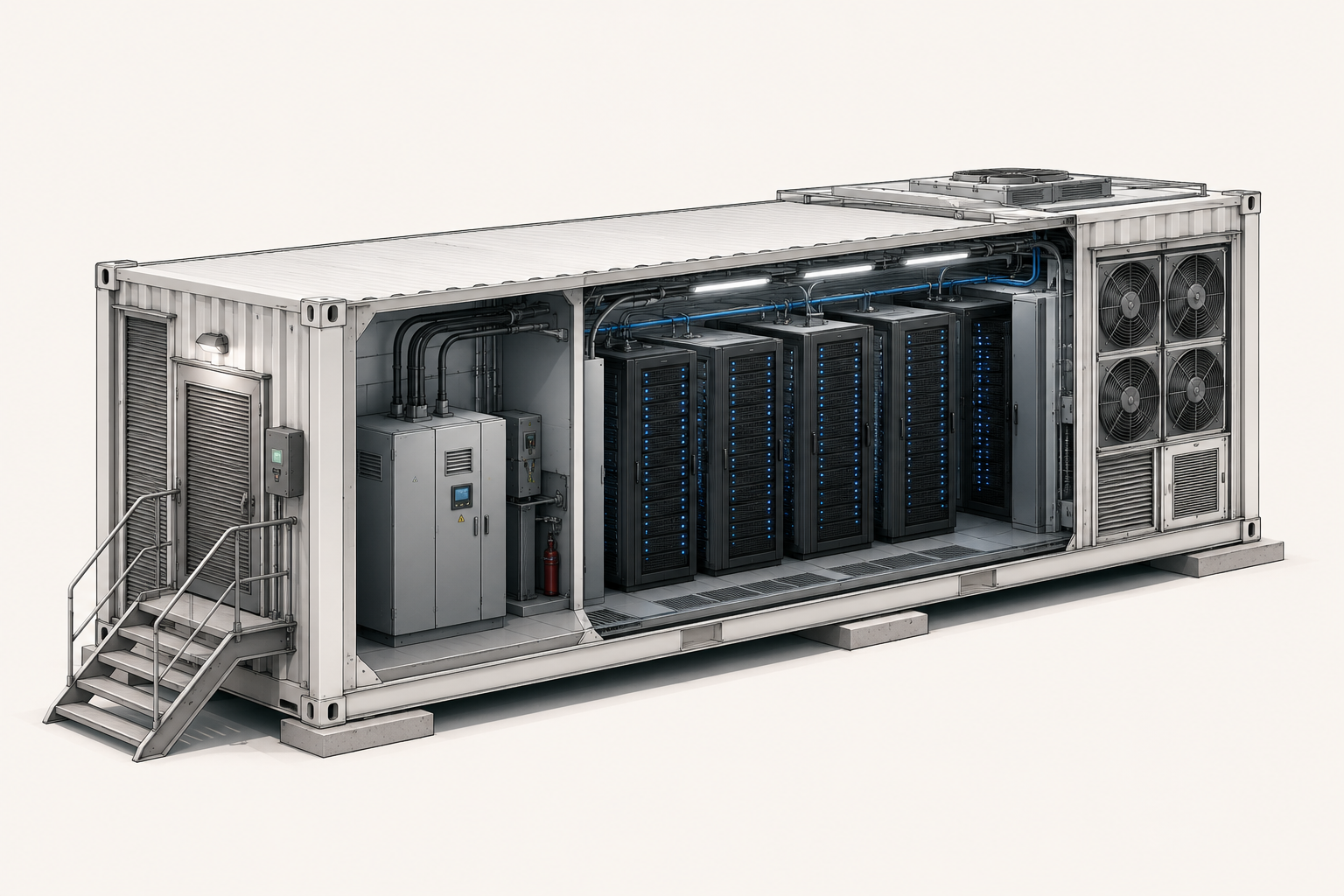 Modular data pod cutaway showing integrated power management, racks, on-site power, and cooling. Same deployable unit for AI or Bitcoin loads.